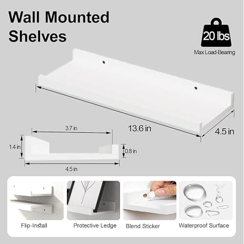 Solrot White Floating Shelves for Wall Decor, Wall Mounted Wood Storage Shelf for Bedroom, Living Room, Bathroom, Kitchen, Nursery, Display Picture Ledge Shelf with Lip Set of 2-14 Inches, White thumbnail 3