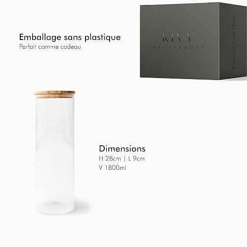 KIVY Set Bocaux en Verre Hermétique [2 x 1800 ml] - Bocaux verre avec Couvercles en Bambou Durable - Bocal en verre avec Couvercle - Bocal a spaghetti - Bocaux conservation verre - Bocal verre thumbnail 8