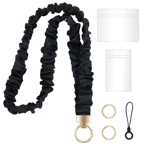 Longbitzen Stretchy Scrunchie Lanyard with 2 ID Holder for ID Badges and Keys, Cute Stretchy Teacher Lanyard, Black Retractable Scrunchie Neck Strap Keychain for Teacher, Nurse, Cruise Ship - Image 1