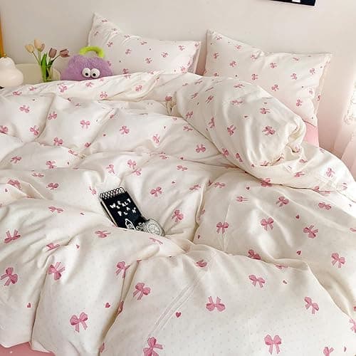 Nayoroom Bettwäsche 135x200 Mädchen Weiß mit Rosa Schleifen Kinder Bettbezug 2teilig Aesthetic Kawaii Schleifenmuster Microfaser Einzelbett Deckenbezug mit Reißverschluss und Kissenbezug 80x80cm thumbnail 5