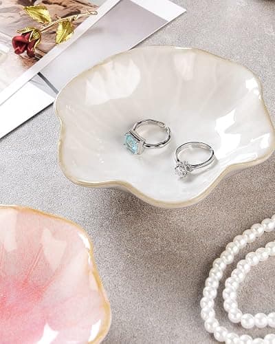 JAMEND CLXP 2PCS Lotus Leaf Shape Ring Holder Dish, Small Key Bowl, Ceramic Trinket Tray Jewelry Dish Organizing Necklace Earrings for Mom Friend Sister, All Jewelries Are NOT Included. White +Pink.… thumbnail 4