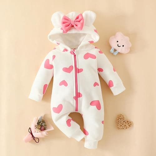 Carolilly Baby Girls Romper Winter Warm Infant Baby Jumpsuit Romper Bear Ear Snowsuit Newborn Hooded Romper Warm Coat Heart/Cow Pattern Long Sleeve Zipper Button Romper thumbnail 3