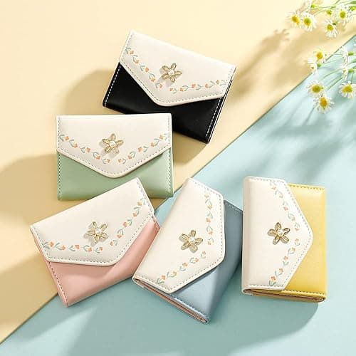 kuifang Girls Cute flowers Print Wallet, Small Tri-folded Aesthetic Wallet, PU Leather Purse Cash Pocket Card Holder ID Window Purse for Women(Green) thumbnail 8