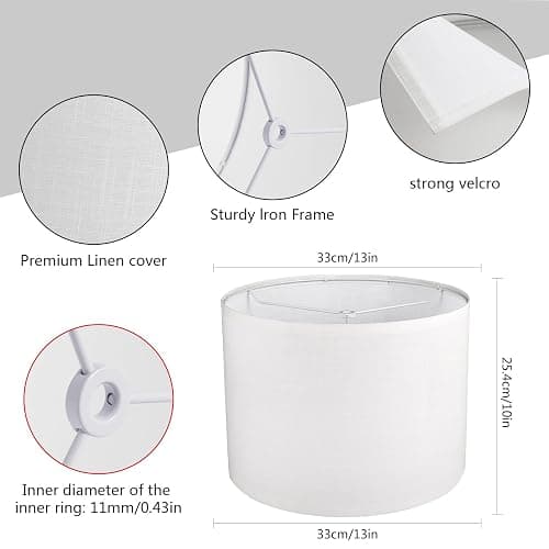 Drum Lamp shades Set of 2, White Line Lamp Shades for Table Lamps Floor Lamp, 13" Top X 13" Bottom X 10" High Large Fabric Lamp Shades, Easy Assembly Replacement Lampshades thumbnail 3