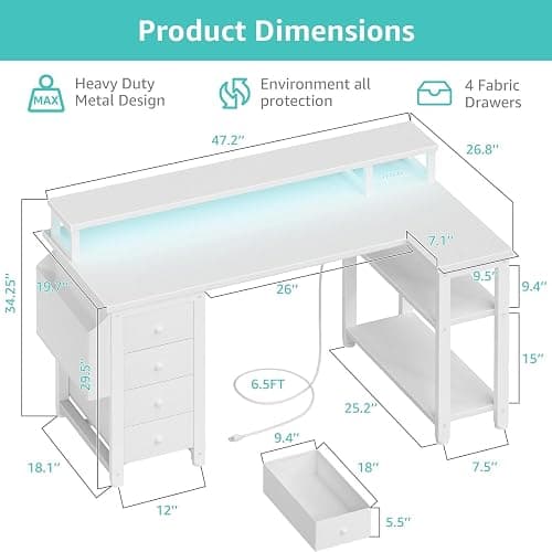 Lufeiya L Shaped Desk with Led Lights and Power Outlets, 47 Inch Writing Study Computer Gaming Desks with Fabric Drawers for Bedroom, Home Office Corner Desk with Monitor Stand Shelves, White thumbnail 3