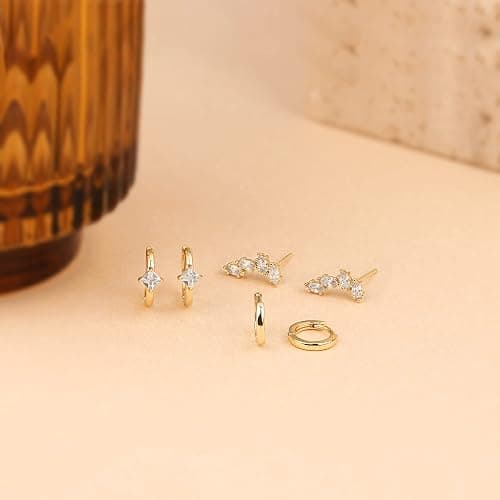 Freekiss 3 Pairs Gold Hoop Earrings Set: Dainty Stud Earrings Trendy Small 14K Gold Plated Hypoallergenic Dangle Cartilage Huggie Hoop Earrings for Women Gold Jewelry for Women Gifts thumbnail 3
