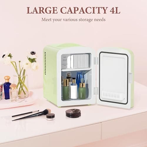 Xbeauty Skincare Mini Fridge With Dimmable LED Mirror, 4L Mini Makeup Refrigerator for SkinCare, Cosmetics, Food & Drinks, Portable Small Refrigerator for Bedroom, Dorm, Car, Office, Green thumbnail 3