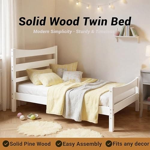 NAFORT Twin Bed Frame with Headboard/Wood Twin Size Platform Bed Frame/Wood Slat Support/Mattress Foundation/No Box Spring Needed/Easy Assembly - White, Twin thumbnail 3