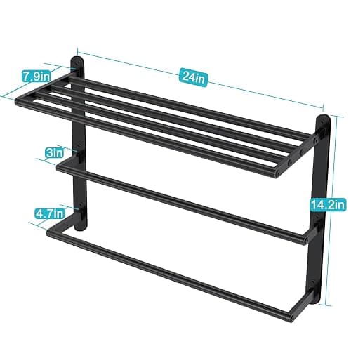VOTZAAQ Towel Racks for Bathroom, 24 in Black Towel Shelf with Double Towel Bar, 3 Tier Stainless Steel Towel Storage, Bath Towel Holder Wall Mounted for Lavatory Organizer Decor RV Camping thumbnail 2