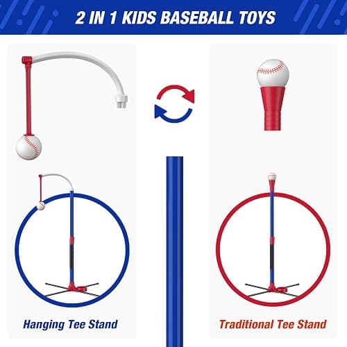 HYES 3-in-1 Baseball Set for Kids 3-5 - Tee Ball Stand, Hanging Tee, Ball Launcher and 6 Softballs - Adjustable Height, Indoor/Outdoor Sport Gifts for Boys Girls, Blue thumbnail 8