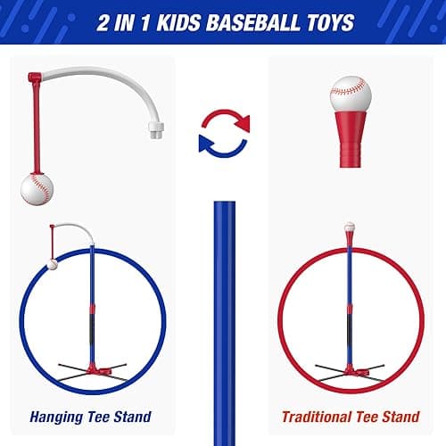 HYES 3-in-1 Baseball Set for Kids 3-5 - Tee Ball Stand, Hanging Tee, Ball Launcher and 6 Softballs - Adjustable Height, Indoor/Outdoor Sport Gifts for Boys, Blue - 3in1-blue thumbnail 8