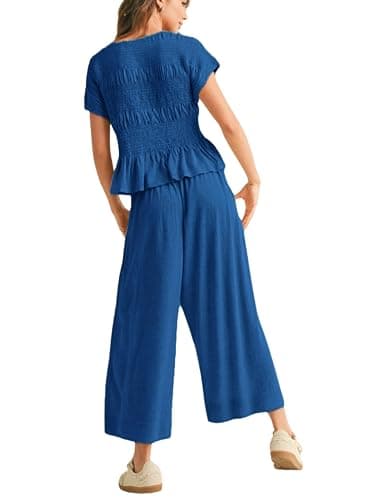 Antnation Womens 2 Piece Smocked Top Wide-Leg Pants Set High-Waisted Lounge Outfit with Pockets Casual Boho Matching Set thumbnail 5