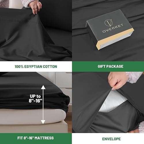 Overket 1000 Thread Count Egyptian Cotton Sheets Queen Size Set 4PCS Sateen Weave Soft Breathable 16-Inch Deep Pocket（Queen,Black） thumbnail 4