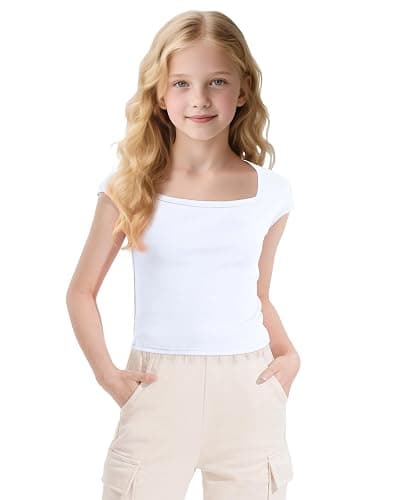 NUMYEAN Crop Tops for Girls Short Sleeve Shirt Girls Summer Tops Square Neck Slim Fit Tops Basic Tee thumbnail 2