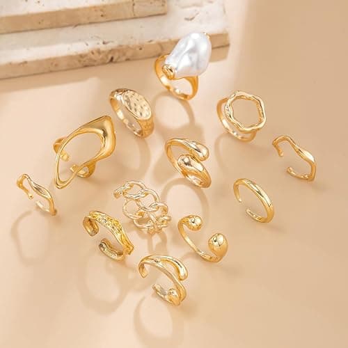 LKingel Chunky Gold Rings for Women Gold Baroque Pearl Rings Open Adjustable Pearl Ring Stacking Knuckles Rings Set Boho Prom Costume Fashion Jewelry for Women 2025 thumbnail 5