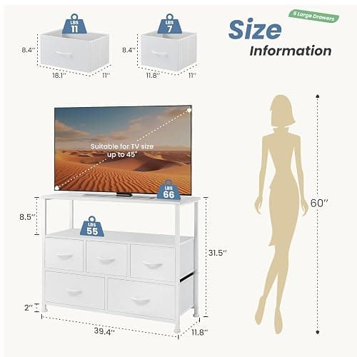 DUMOS TV Stand Dresser with 5 Fabric Storage Drawers, Media Console Featuring Open Shelf for 45 inch TV, Compact Entertainment Unit for Bedroom, Living Space, or Dorm Organization, White thumbnail 2