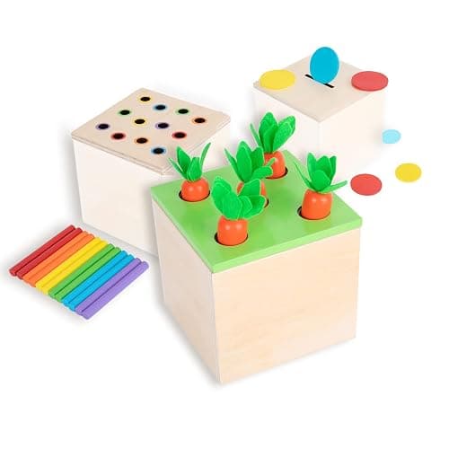 Adena Montessori 3 for 1 Wooden Montessori Play Kit Baby Toys,includes Matchstick Color Drop Game,Carrot Harvest Game and Coin Box,Learning Toy for Kid 1,2,3 Year Old,Girl Boy Gift for Baby 6-12 Month thumbnail 3