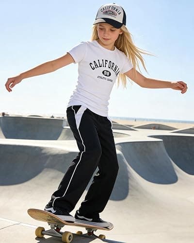 GOLLUNER Girls 2 Piece Outfits Short Sleeve Letter Print Top＋Wide Leg Pants with Pockets Summer Clothing Set Sizes 8-15 Years thumbnail 3