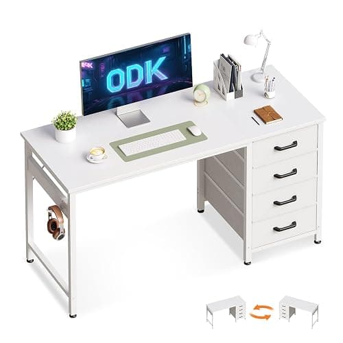 ODK Computer Desk with Drawers, 120 x 48 cm Office Desk with Storage & Headphone for Small Spaces, Reversible Small Study Table for Home Office, White - Image 1