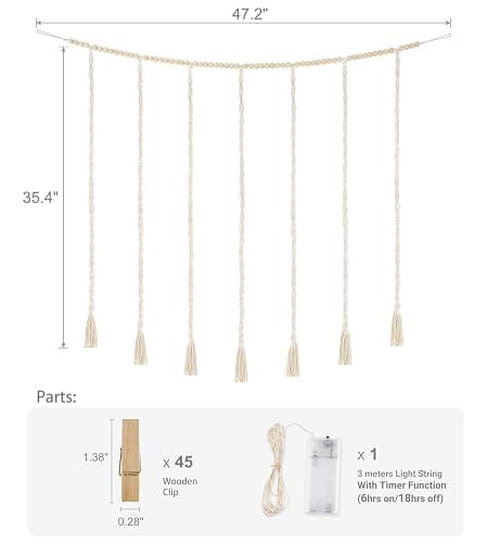 Mkono Macrame Hanging Photo Display Wall Decor with String Lights, Boho Wooden Beads Garland Collage Picture Card Frame Holder with 45 Clips for Bedroom Living Room Dorm, Teen Girls Christmas Gifts thumbnail 3