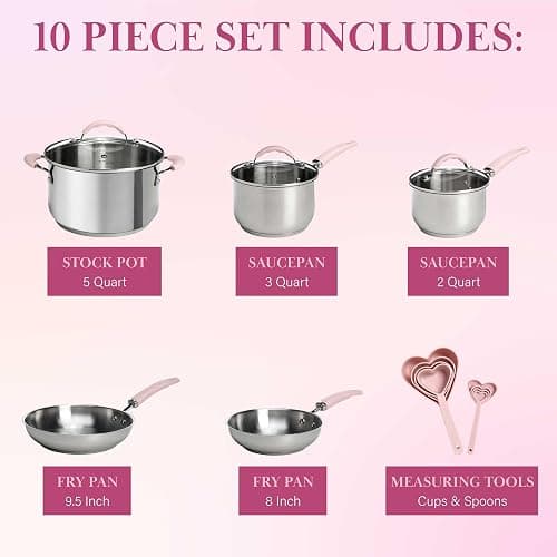 Paris Hilton Stainless Steel Pots and Pans Set with Stay-Cool Pink Handles, Tempered Glass Lids, Bonus Heart Shaped Measuring Cups and Spoons, Dishwasher Safe Cookware, 10-Piece Set thumbnail 4