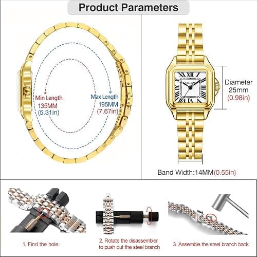 Szaikyri Classic Square Watch for Women Ladies Dress Watch | Water Resistant | Solid Stainless Steel Band | Dainty Vintage Design | Long-Last Vacuum Plating | Japanese Precise Movement thumbnail 6