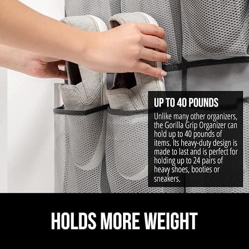 GORILLA GRIP Over the Door Shoe Organizer, 24 Large Breathable Mesh Pockets, Space Saving Hanging Storage Holder, Closet Rack Hanger Holds Up to 40 lbs, Hangs on Closets for Shoes, Accessories, Gray thumbnail 4