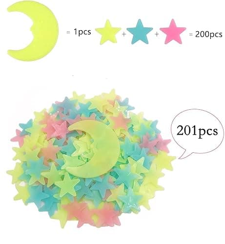 200 Pcs Colorful Glow in The Dark Luminous Stars and Moon Fluorescent Noctilucent Plastic Wall Stickers Murals Decals for Home Art Decor Ceiling Wall Decorate Kids Bedroom Room Decorations thumbnail 4