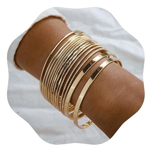 Xerling 14Pcs Golden Boho Indian Multi Bangle Bracelet Set Punk Chunky Stackable Textured Bracelets for Women Layered Cable Smooth Bracelets, Diameter: 2.6-2.7in/6.8-7cm, alloy - Image 1