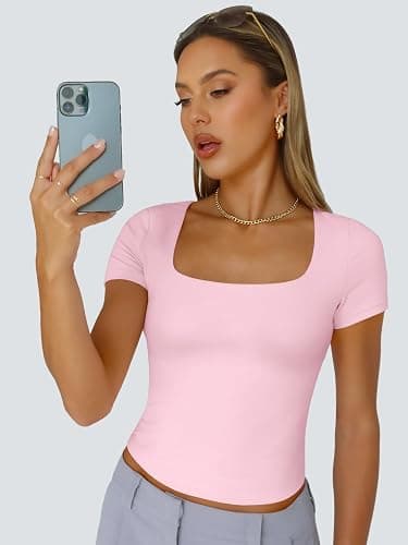 Trendy Queen Double Lined Short Sleeve Tshirts for Women Square Neck Cute Crop Top Spring Summer Basic Tees Workout Going Out thumbnail 2