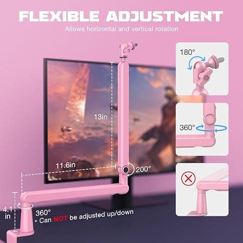 FIFINE Low Profile Boom Arm Mic Stand, Microphone Stand with Cable Management Channel, Desk Clamp, Screw Adapter for Streaming Podcast Recording, Adjustable Metal Mic Boom Arm Pink-BM88P thumbnail 5