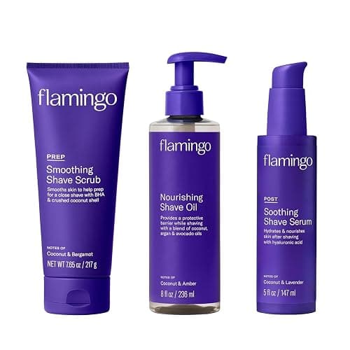 Flamingo 3-Step Shaving Set for Women - Smoothing Prep Scrub, Nourishing Shave Oil, and Soothing Post Shaving Serum - Glow Shave Collection - Image 1