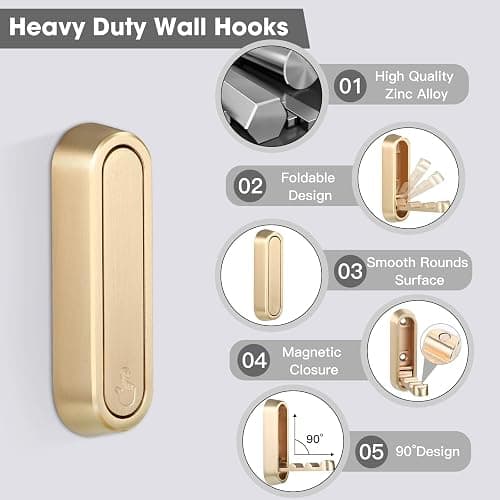 Dntorx Folding Coat Hooks, 2 Pcs Foldable Gold Wall Hooks Heavy Duty Foldable Hook Bathroom Towel Hooks Robe Hooks Wall Mounted for Hanging Coat Towels Clothes Hat Bags Keys thumbnail 3