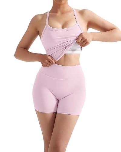 SUUKSESS Women 2 Piece Workout Sets High Waisted Tummy Control Biker Shorts Halter Padded Tank Tops thumbnail 3