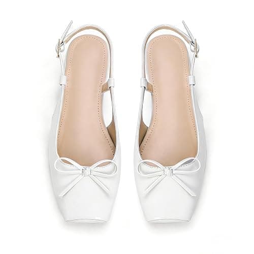 ⭐️Lhamo Latso Women's Ballet Flats Slingbacks Square Toe Bow Knit Dressy Flat Shoes with Ankle Buckles Satin - Image 1