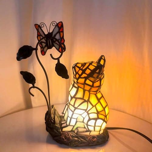 Bieye L10891 Tiffany-Style Stained Glass Cat Accent Table Lamp - Adorable Orange Cat Watching a Butterfly - 10-Inch Tall thumbnail 8