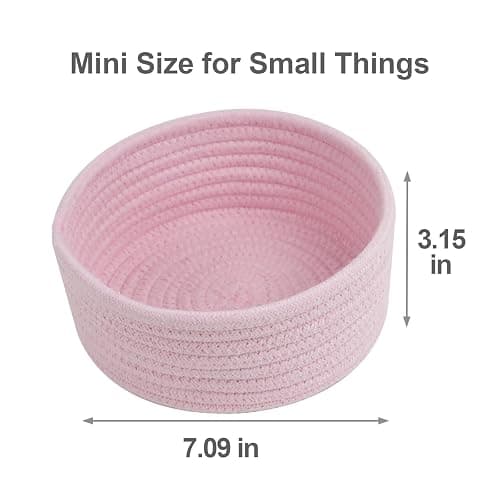 Small Storage Basket, Set of 3 Woven Baskets, Cotton Rope Small Baskets for Organizing, Cute Mini Tiny Round Basket, Bathroom Organization Bin (Pink) thumbnail 3