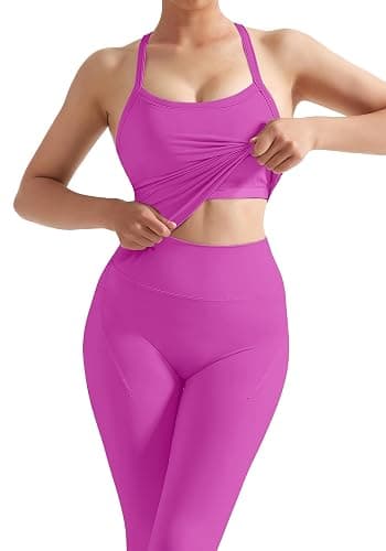 SUUKSESS Women 2 Piece Workout Sets Compression Tummy Control Leggings with Pockets Halter Built in Bra Tank Tops thumbnail 4