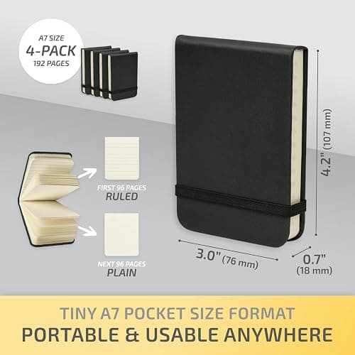 NeatVilla Tiny Notebook 3x4 Small Notepad Pocket Size, A7 Leather Hardcover Mini Notebook, Tear Off Sheet Tiny Notepad with Elastic Band, 4 Pack Mini Pocket Notebook for Nurse Reporter (Black) thumbnail 2
