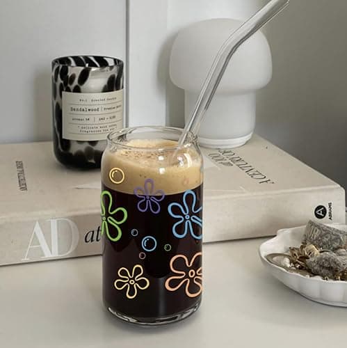 Mikopei Cute Glass Cups with Lids and Straws - Flowers and Bubbles Iced Coffee Cup for Adults, Unique Gifts for Women Men, Funny Unique Decor Party Birthday Decorations, 16 oz thumbnail 6