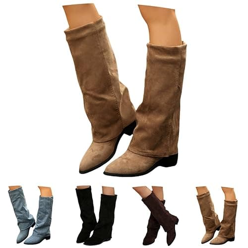 MJGkhiy Botas de mujer de invierno con tacón cómodas botas de gamuza elegantes cálidas botas hasta la rodilla marrones botines con polainas solapa vintage otoño negro botas vaquero thumbnail 2