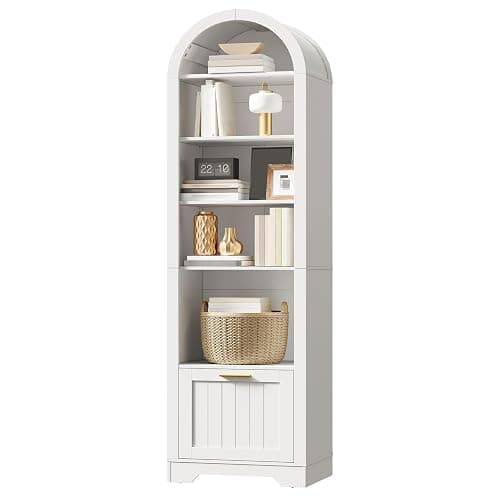 HOOBRO 71" Tall Arched Bookshelf, 6-Tier Narrow Arched Bookcase with File Drawer, Farmhouse BookShelf with Adjustable Shelves, Wooden Bookshelf with Open Display Shelves for Living Room, Office, White thumbnail 8