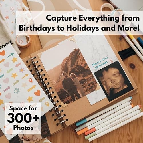 Scrapbook Kit - 80 Page Photo Album DIY Scrapbook - Holds 300+ Photos, with Metallic Pens, 150+ Stickers, Glue Pen, Washi Tapes, Backing Paper, Photo Corner Stickers (Starter Kit - 8 x 8 Inch, Kraft) thumbnail 4