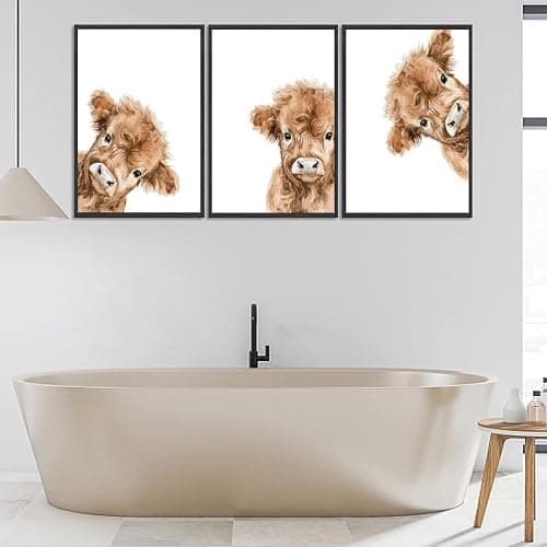 3Pcs Highland Cow Baby Canvas Wall Art Brown Peeping Highland Cattle Wall Decor Pictures Cute and Funny Animals Posters Prints for Nursery Children's Room Bathroom Artwork Home Decoration Unframed thumbnail 3