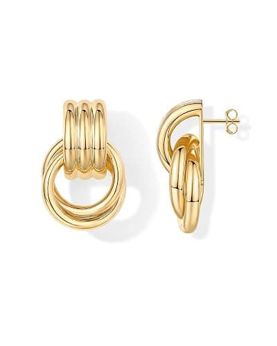 PAVOI 14K Gold Plated Door Knocker Statement Earrings for Women - Chunky Gold Earrings for Women - Trendy Mixed Metals Bold Knot Drop Dangle Jewelry - Image 1