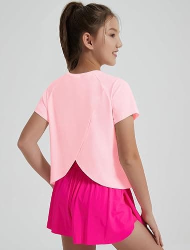EXARUS Girls Athletic Shirts Workout Short Sleeve Crop Tops/Split Back Quick Dry Teen T Shirt Activewaer Tees Kids 6-14Y thumbnail 5