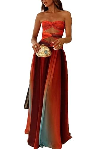 Seyumixi Women Tie Dye Maxi Dress Strapless Gradient Hollow Out Long Dress Summer Off Shoulder Flowy Elegant Dresses - Image 1
