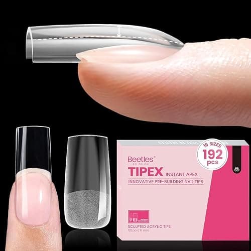 Beetles Tipex Instant Apex Nail Tips Medium Square, Pre-building Pre-Etched Half Matte Thicker Acrylic Nail Strong Full Cover False Nail Extension Building 192 Pcs 16 Sizes - Image 1
