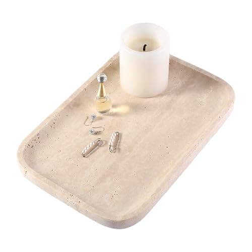 Marble Vanity Tray for Dresser Organizer, Travertine Bathroom Tray Countertop, Beige Decorative Serving Trays, Kitchen Sink Storage, Jewelry & Perfume Holder(Travertino Romano) - Image 1