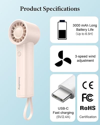 bossdeng Portable Fan with Power Bank & Flashlight-Pink | 6.5H Max Cooling,USB-C Rechargeable,Mini Fan for Outdoor/Travel/Beach/Concerts/Summer.Gifts for Girl,Women. thumbnail 8